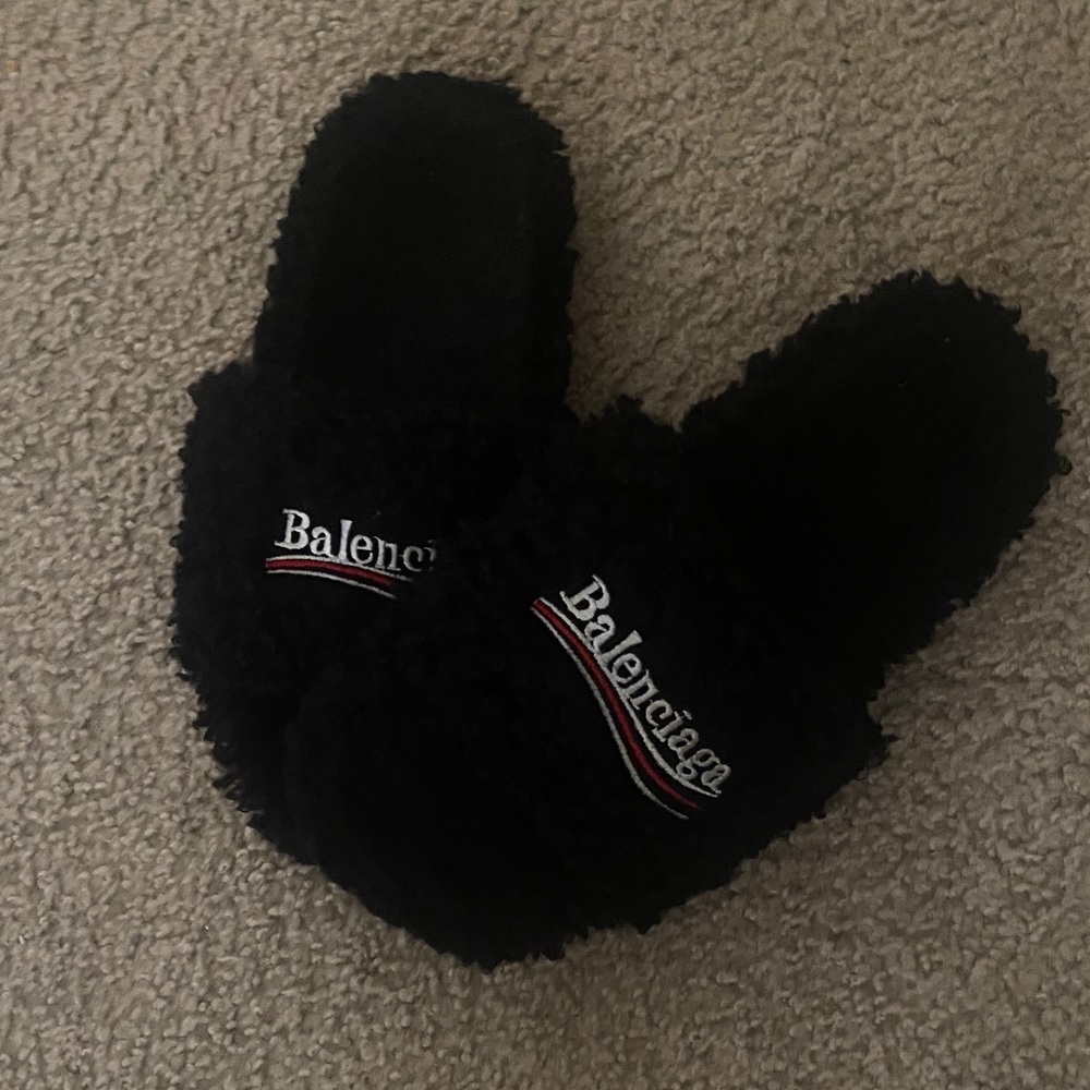 Balenciaga Black Fuzzy Logo Slip-Ons with Red & White Accents